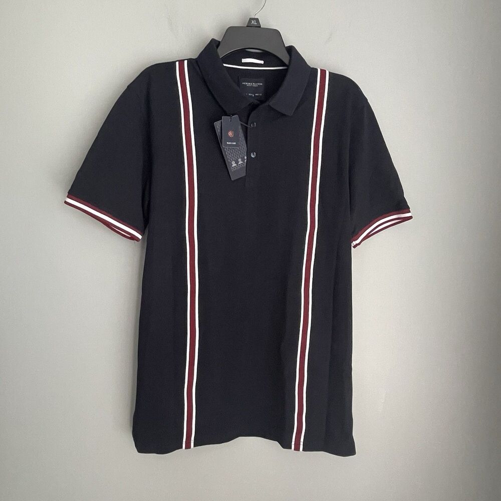 NWT Denim & Flower Polo Mens L Navy Blue Red Striped Bowling Shirt Cotton Blend